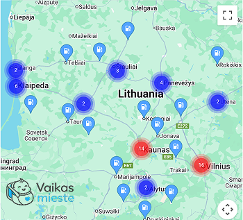 Vaikas mieste žemėlapis su degalinėmis visoje Lietuvoje, kuriose galima pakeisti sauskelnes